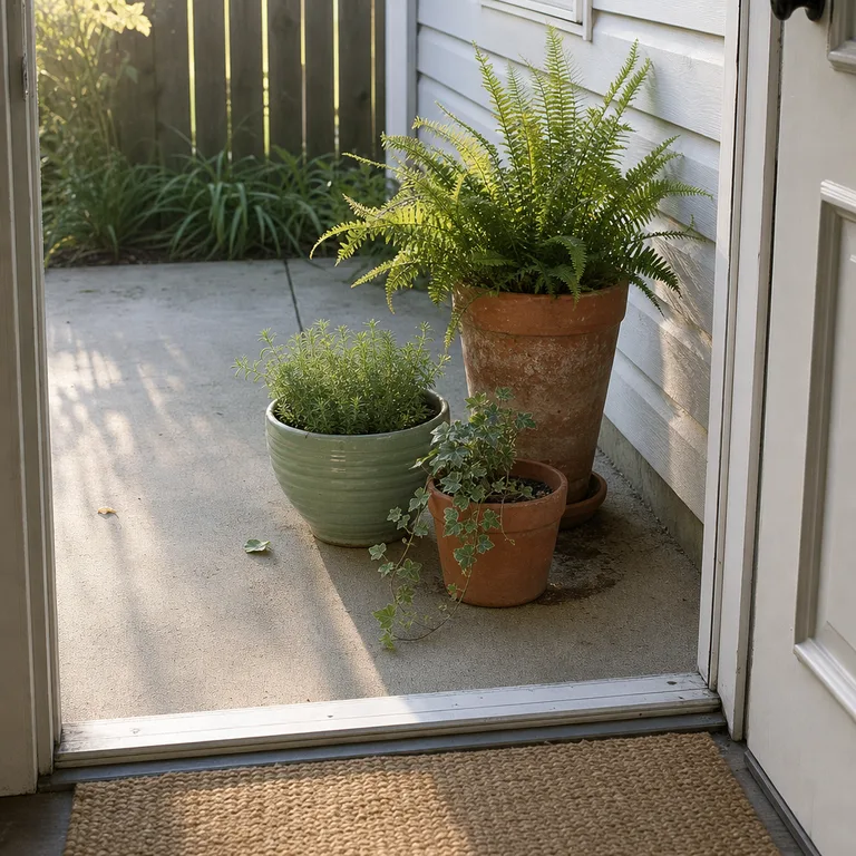 Three mismatched plant pots arranged from tall to short beside a patio door.