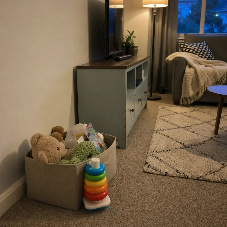 A shallow fabric bin beside a media console gathers opened gifts in a designated reset corner of a small living room.