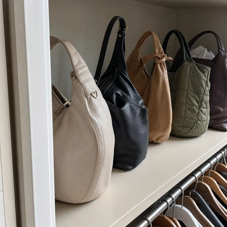 Soft handbags supported with tissue and stored upright on a closet shelf.