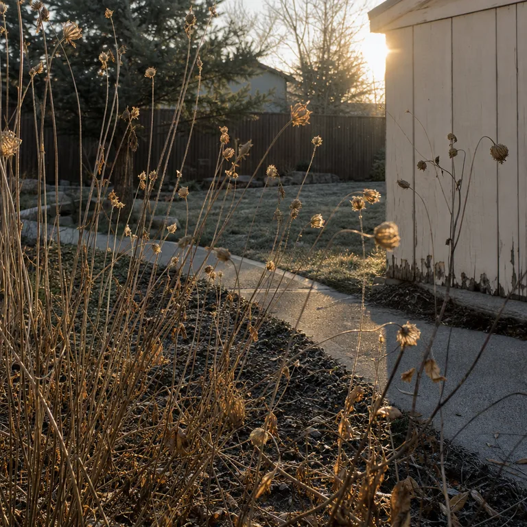 Dried seed heads left standing in a small backyard pollinator garden during winter.