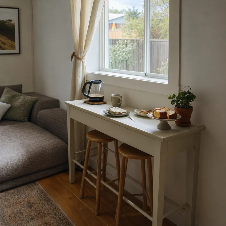 A narrow console under a window serves as a coffee and dessert station with stools tucked underneath.