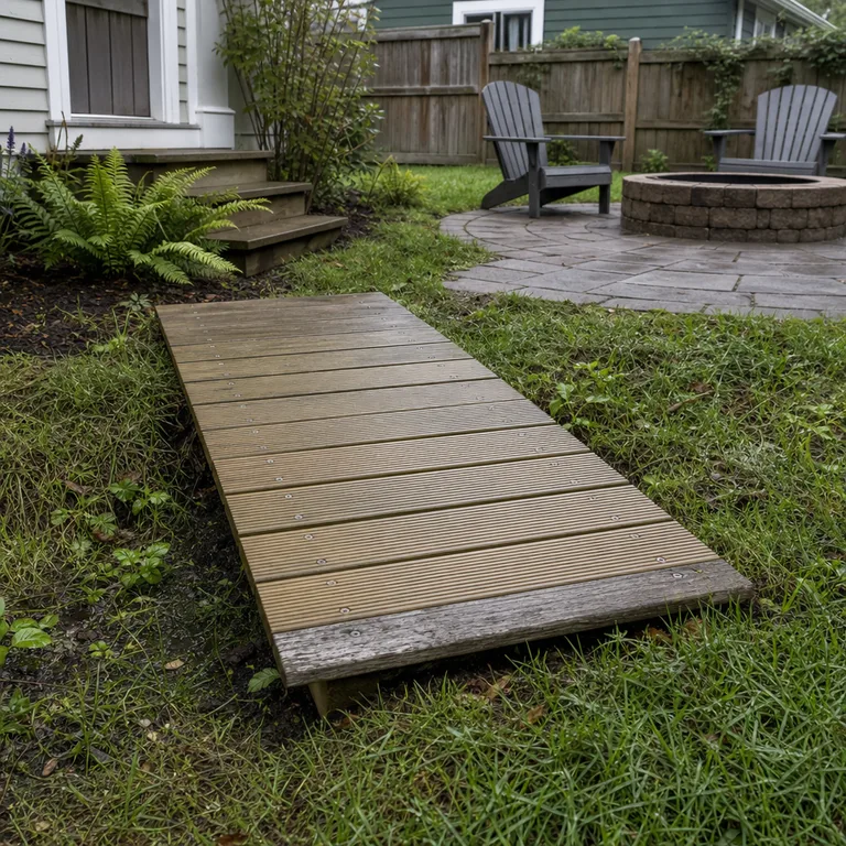 A short timber boardwalk crosses a damp lawn area toward a small seating circle.