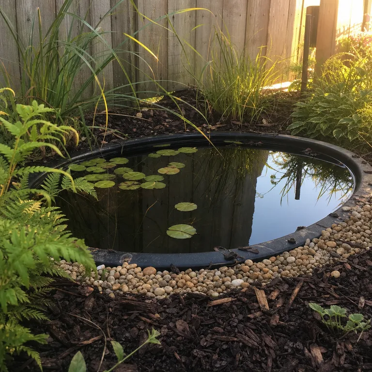 Low round garden basin with a shallow pebble beach for wildlife access in a planted backyard border.
