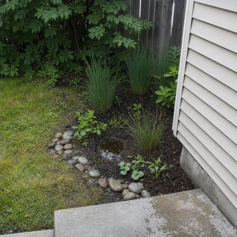 A small planted rain garden replacing a wet patch of lawn in a backyard corner.