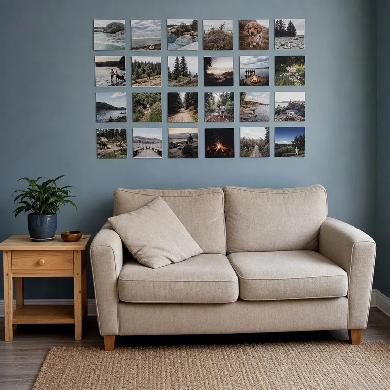 A grid of small square family photos hangs above a compact beige loveseat.