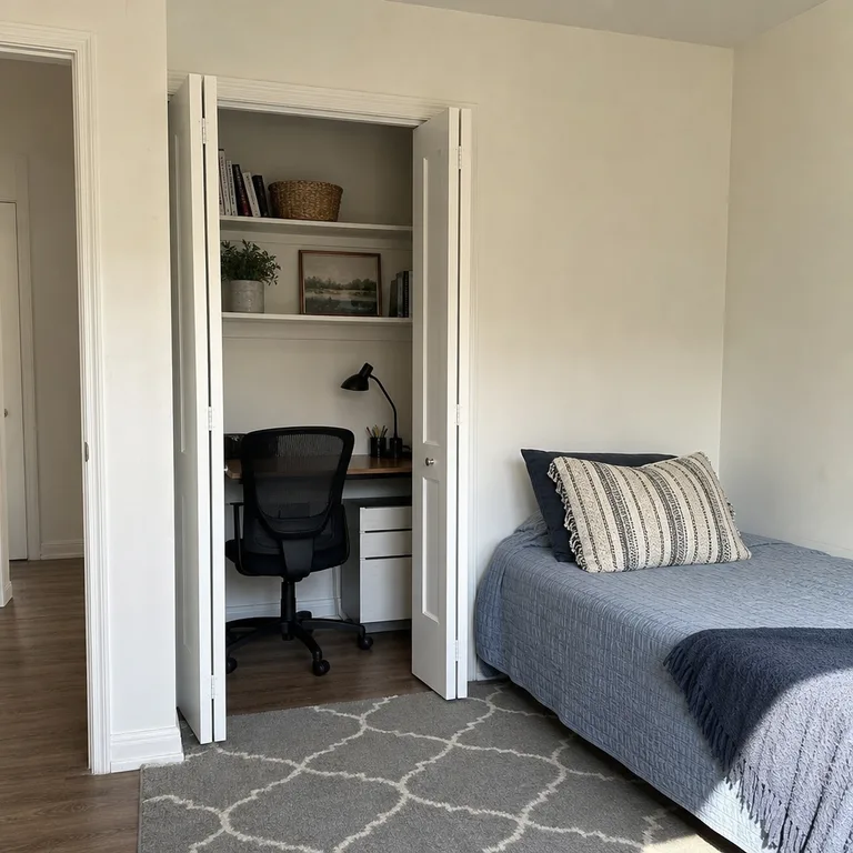 Guest room with a desk fitted inside an open closet niche.