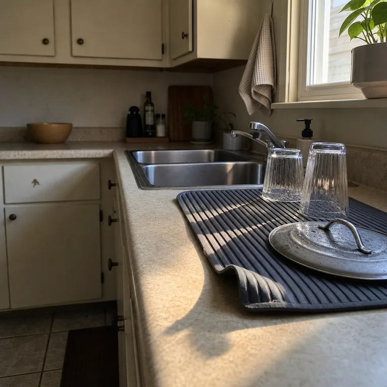Ribbed foldaway drying mat beside a small sink holding glasses and a saucepan lid.