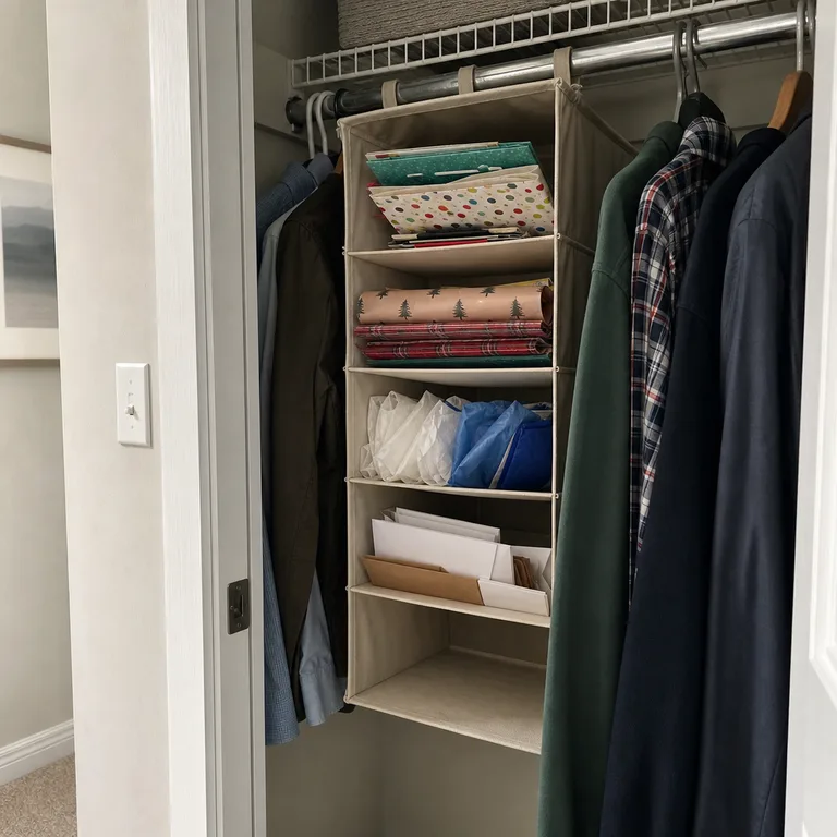 A hanging closet organizer holding flat gift bags, folded wrap, tissue, and tags.
