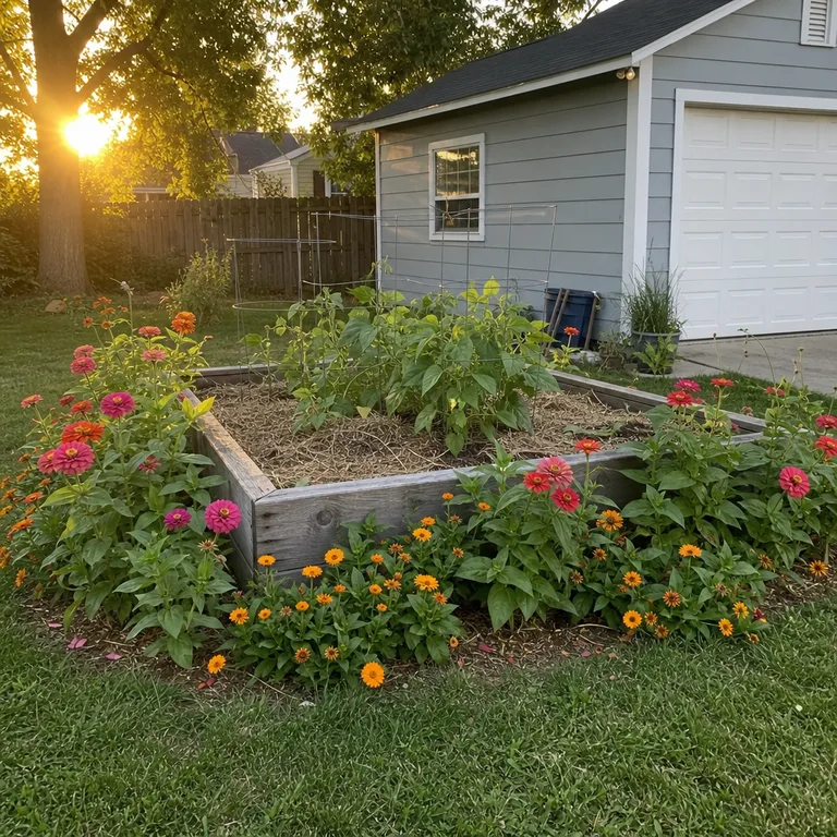 A small raised vegetable bed bordered with low flowering plants in a backyard.