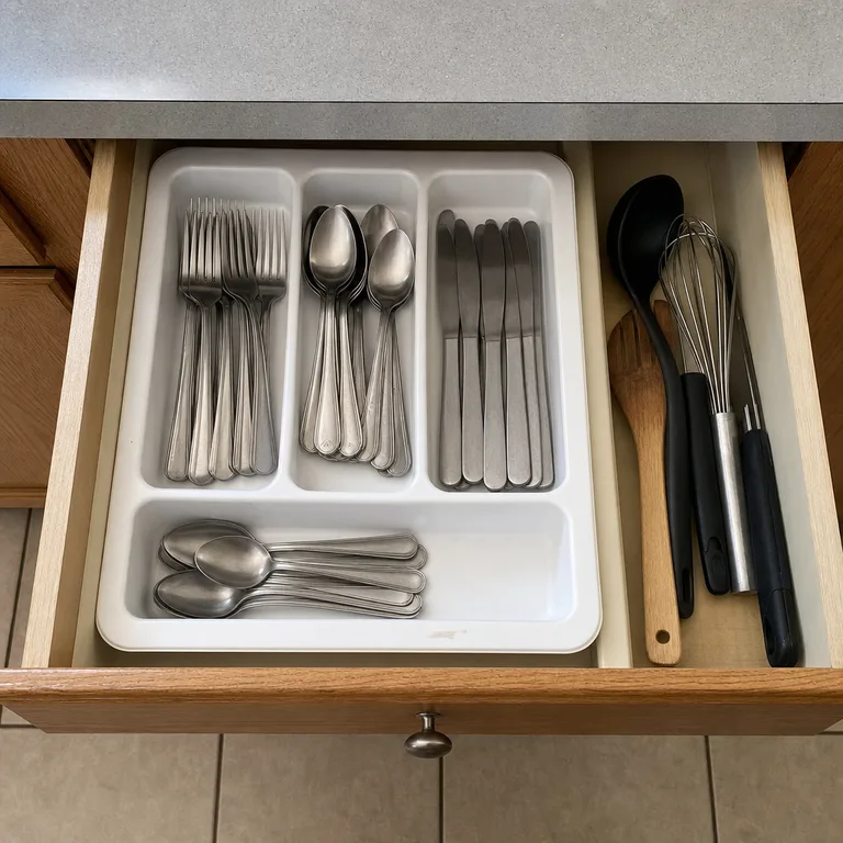 Removable flatware tray in a kitchen drawer with room for serving utensils.
