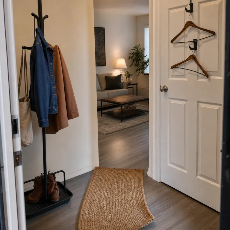 A small apartment entry uses a coat rack, door hooks, and a boot tray to keep holiday guests' outerwear out of the living area.