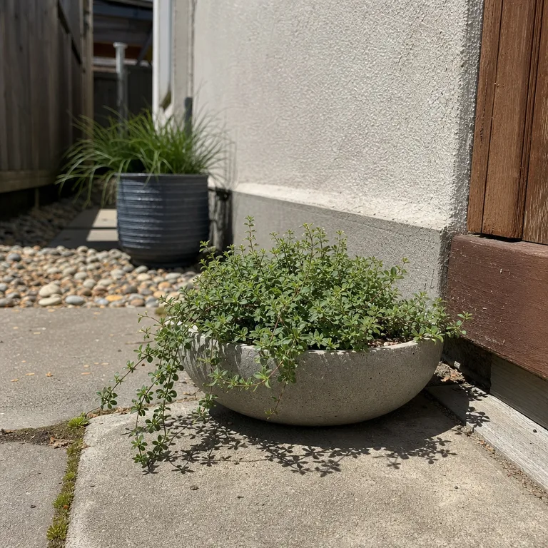 Trailing oregano in a low concrete bowl beside a sunny patio wall.
