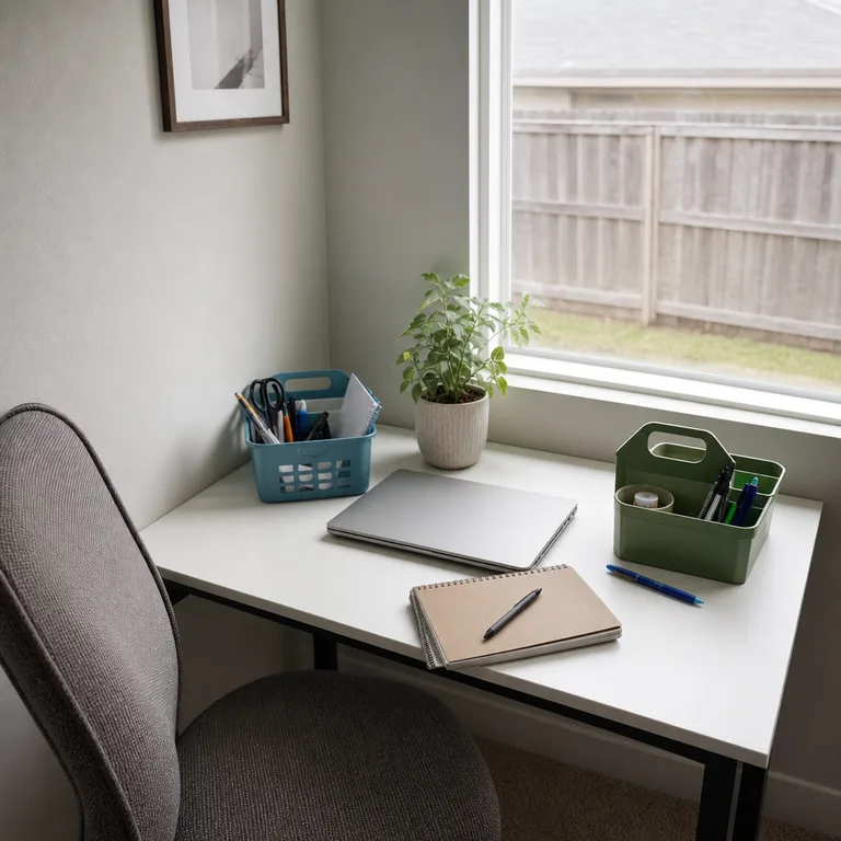 Two portable supply caddies divide pens and small work tools between desk users.