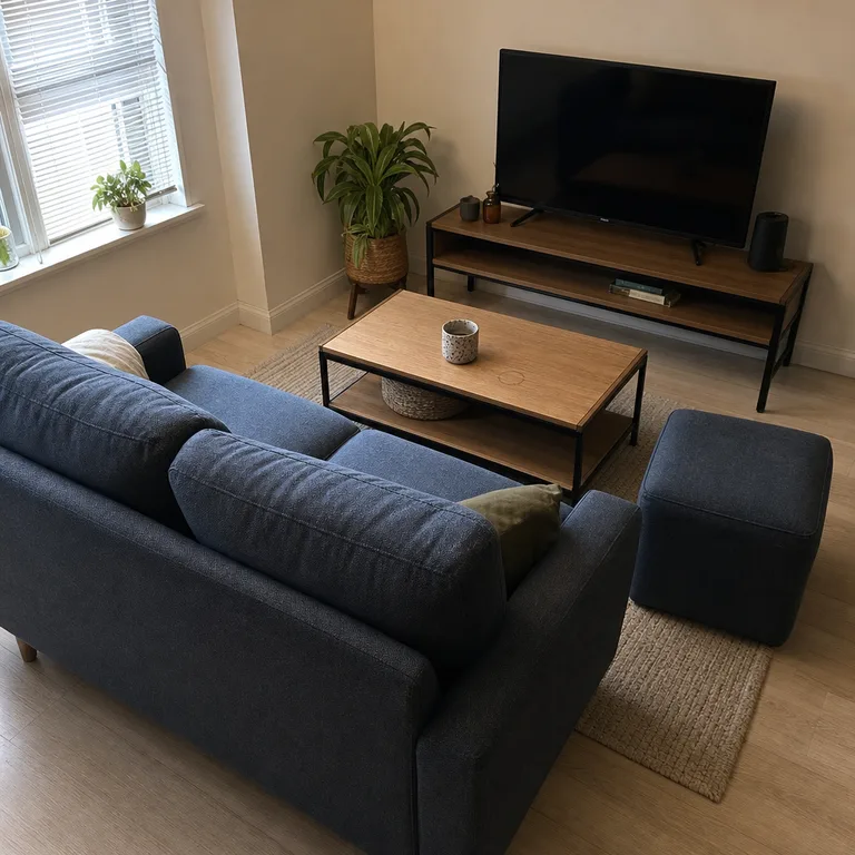 A tray-top ottoman with its tray removed so it can work as an extra seat.