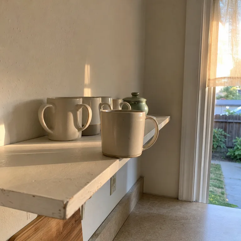 Everyday ceramic mugs lined up handle-forward on a painted open kitchen shelf.
