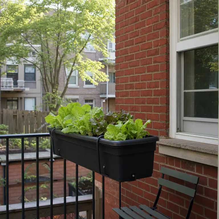 A shallow black planter of leafy salad greens on a small brick patio.