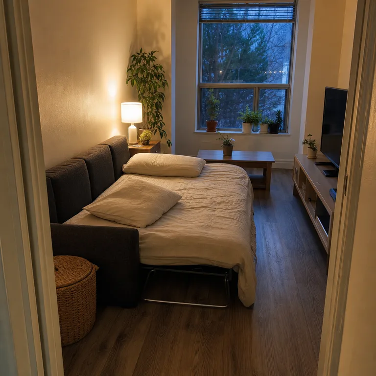 A sofa bed opened along the long wall of a small living room, with a clear walkway and a basket for storing bedding in the morning.