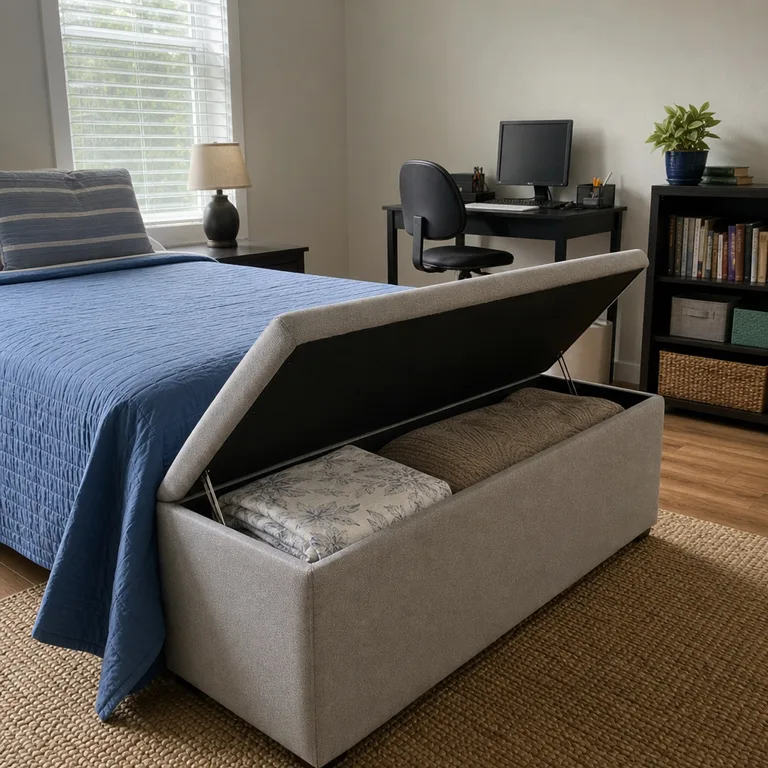 Storage bench holding guest bedding at the foot of a bed in a small office.