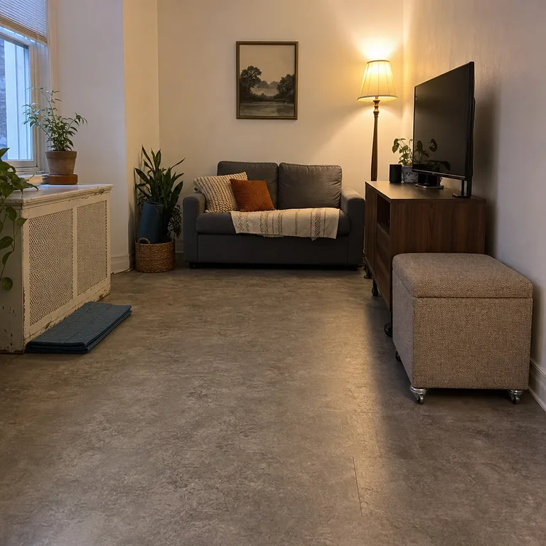 A rolling ottoman parked beside a media console, leaving open floor space for an exercise mat.