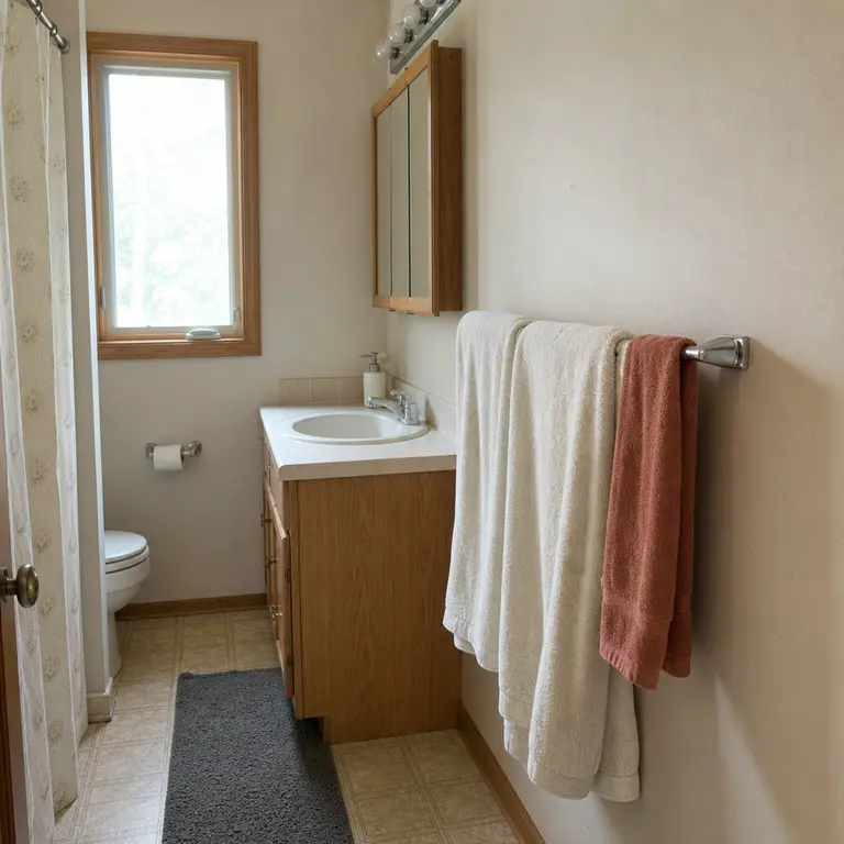 Coordinated neutral and terracotta towels hang on a chrome bar in a small bathroom.