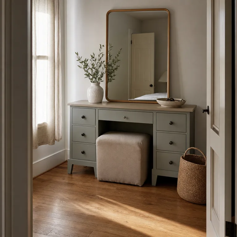 A dresser vanity with a framed mirror and a low stool tucked underneath to keep the walkway open.