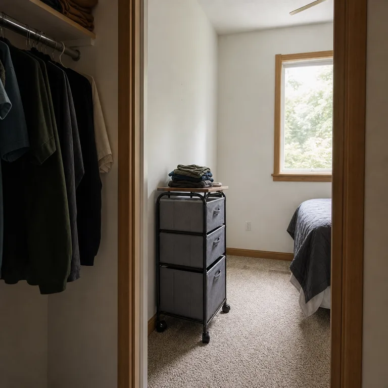 Black rolling cart with gray fabric drawers parked inside a bedroom closet.