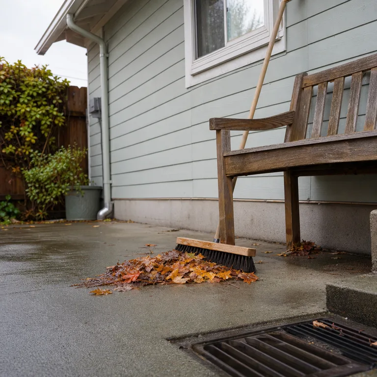 Wet leaves swept away from a patio drain and wooden bench.