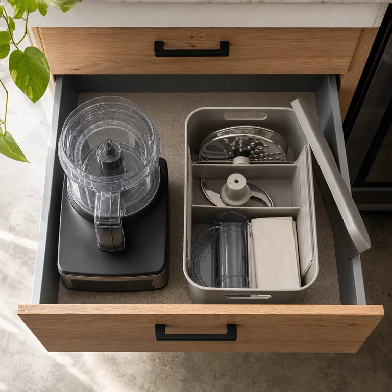 Food processor attachments organized in a handled box beside the appliance base.