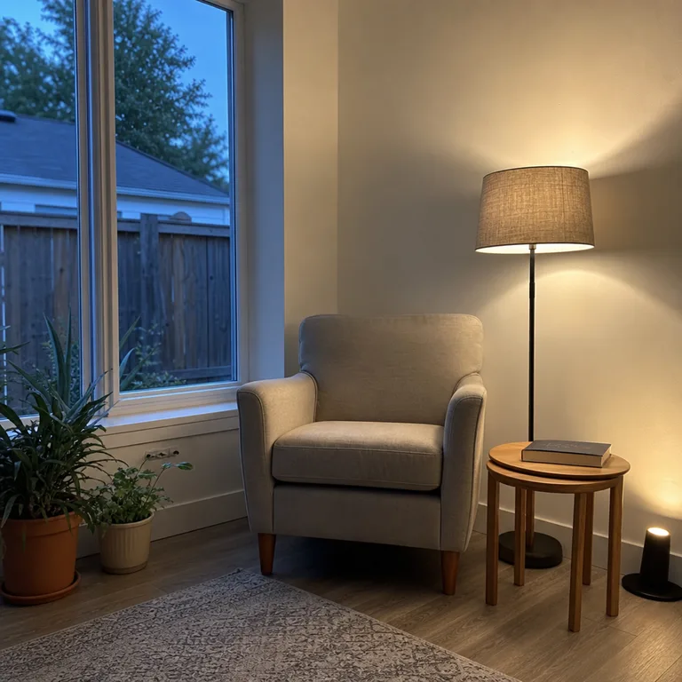 Upholstered chair with a reading lamp, wall uplight, and nesting table in a dim corner.