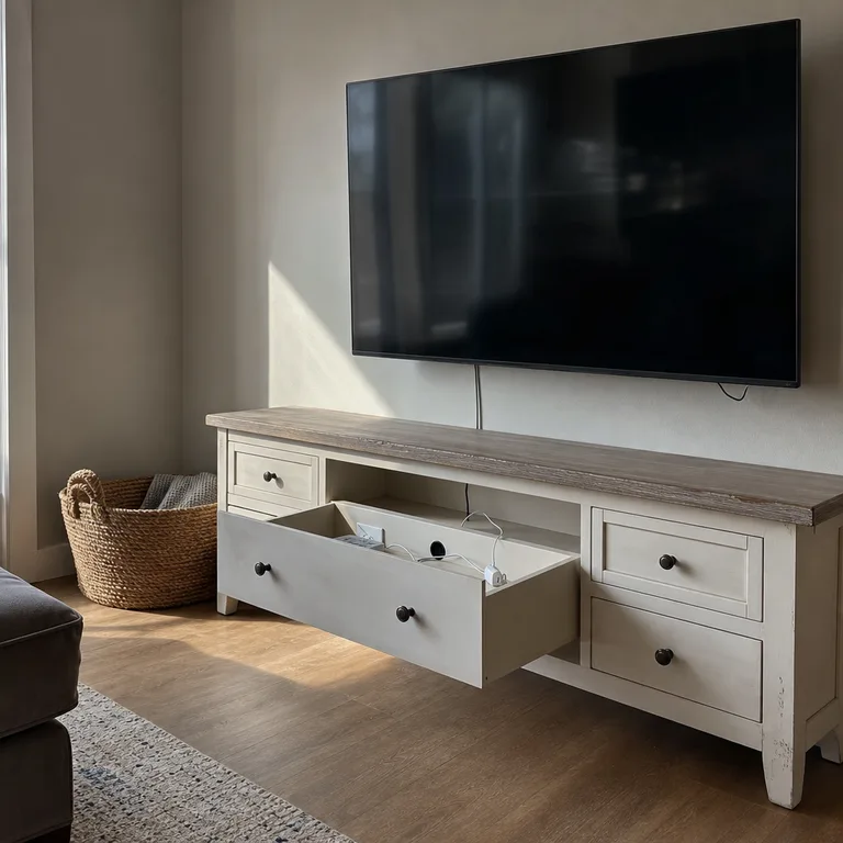 A partly open living room console drawer holds an organized charging strip and cords.