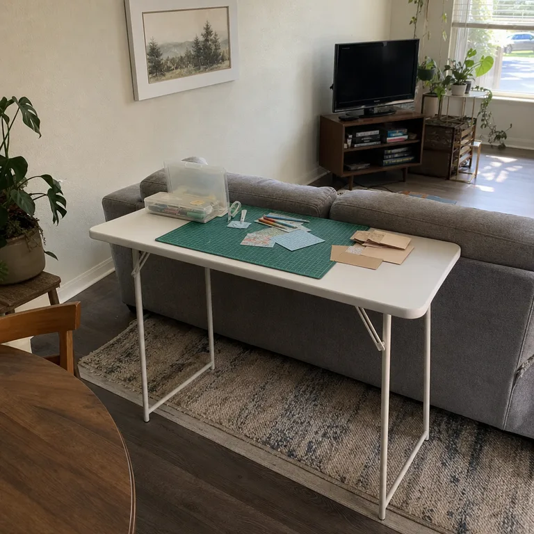 Slim folding craft table opened behind a sofa in a compact living room.
