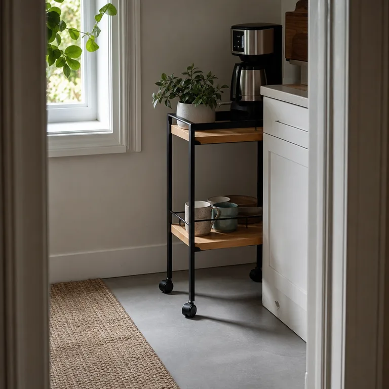 A narrow two-tier coffee cart beside a kitchen cabinet and outlet.