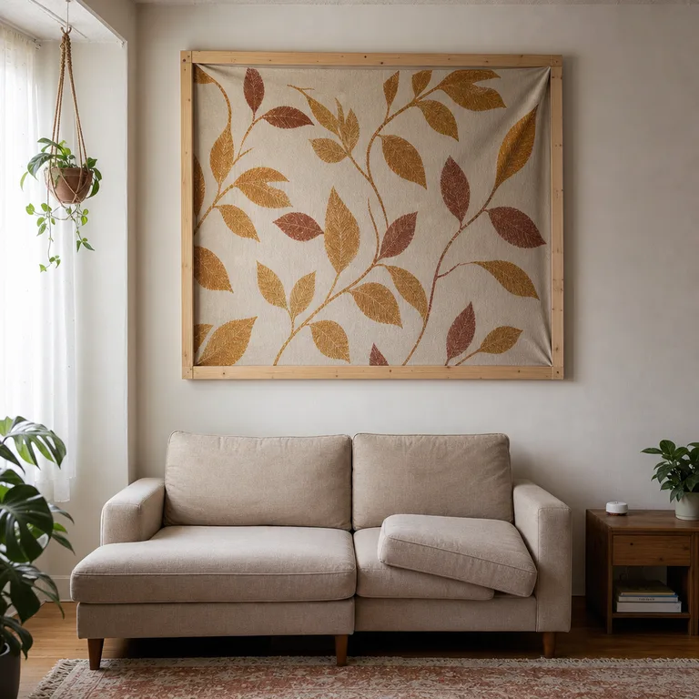 Large botanical fabric panel stretched over a pine frame above a beige sofa in an ordinary living room.