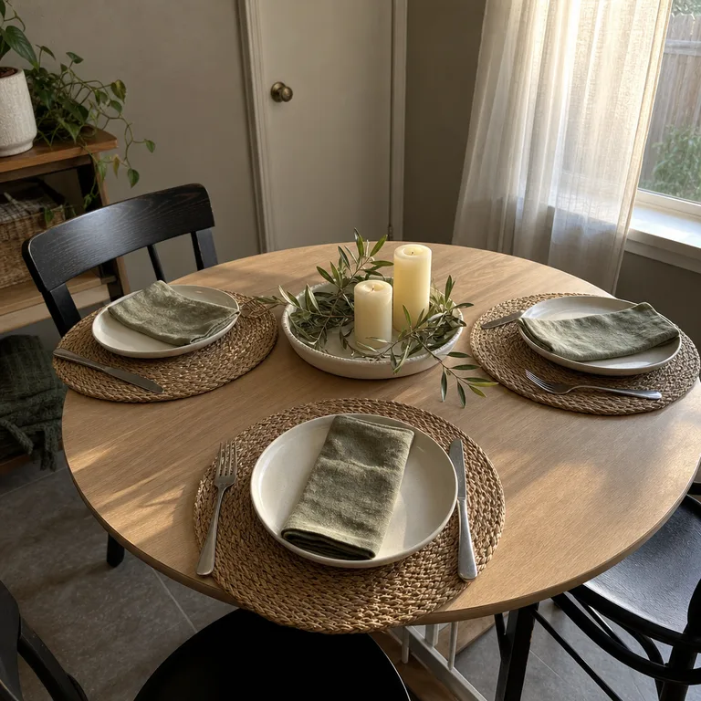 A white pie plate on a round table holds short pillar candles and clipped green branches.