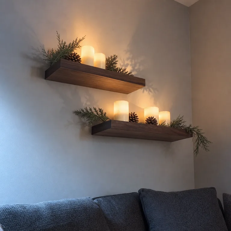 Two walnut floating shelves hold flameless votives, cedar sprigs, and pinecones in a living-room corner.