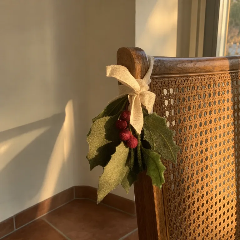 A small cloth holly and felt berry bundle tied to the upper corner of a cane-back dining chair.