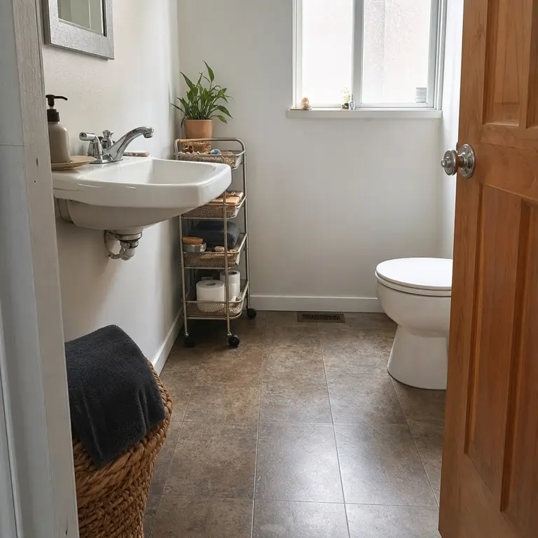 A narrow rolling cart is parked out of the walking path in a small bathroom.