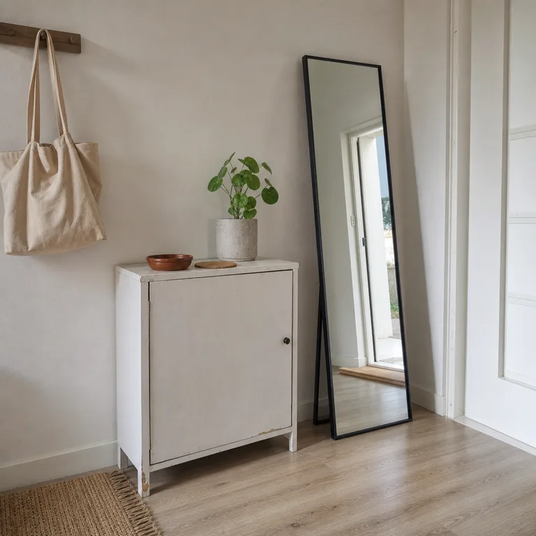 Leaning full-length mirror beside a small painted entry cabinet with a terracotta key dish.
