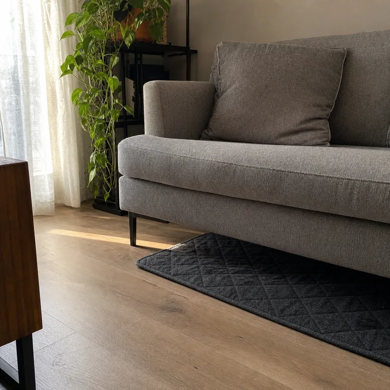 Low charcoal pet mat tucked beneath the front edge of a raised gray sofa in a small living room.