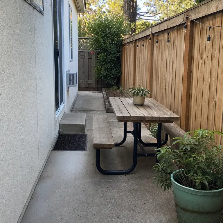 A short picnic-style dining table placed along the fence of a narrow patio.