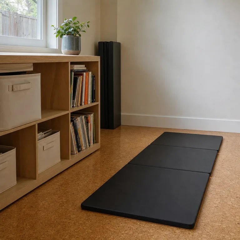 A folded exercise mat stored in a narrow gap beside a low bookcase in a living room.