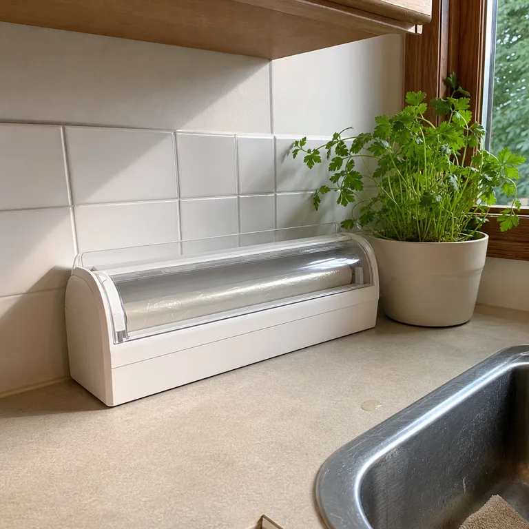 A freestanding food-wrap dispenser with a closed guarded cutter on a kitchen counter.