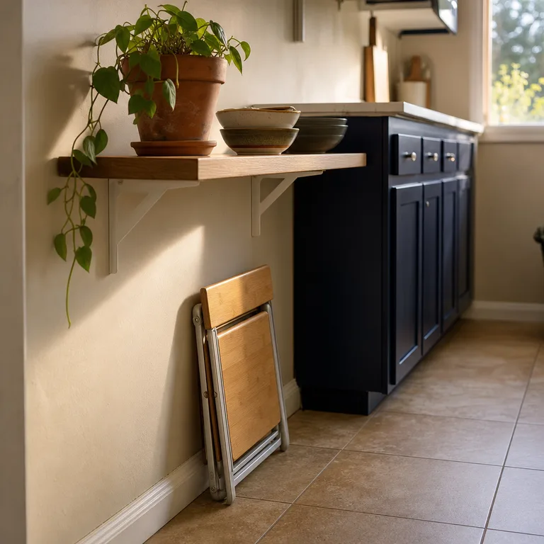 A low folded step stool slid under a fixed open shelf at the end of kitchen cabinets.