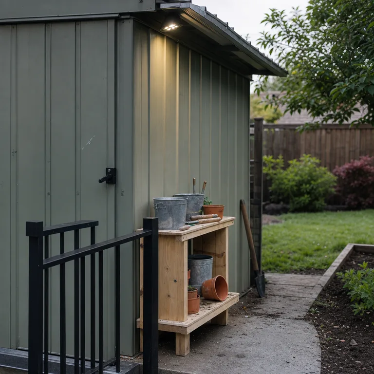 A magnetic battery work light provides task lighting beside a small metal garden shed.