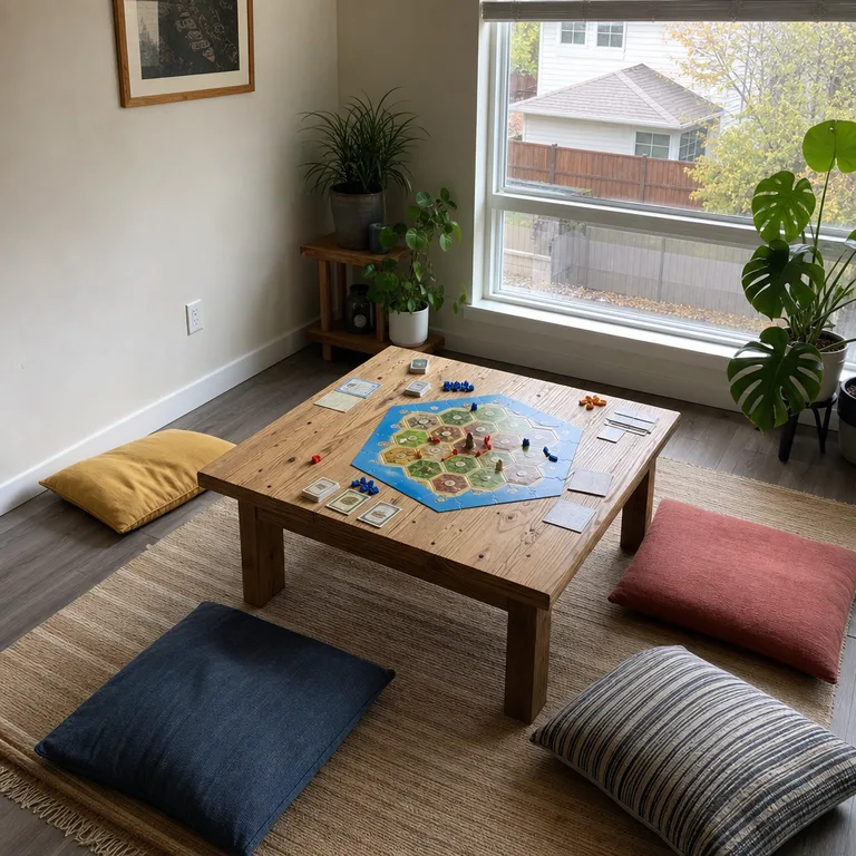 Floor cushions arranged around a low coffee table for a casual board game.