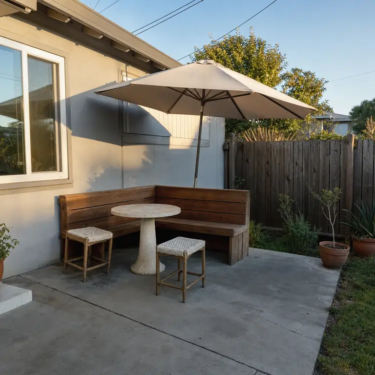 A compact corner bench and pedestal table create a small patio dining nook.