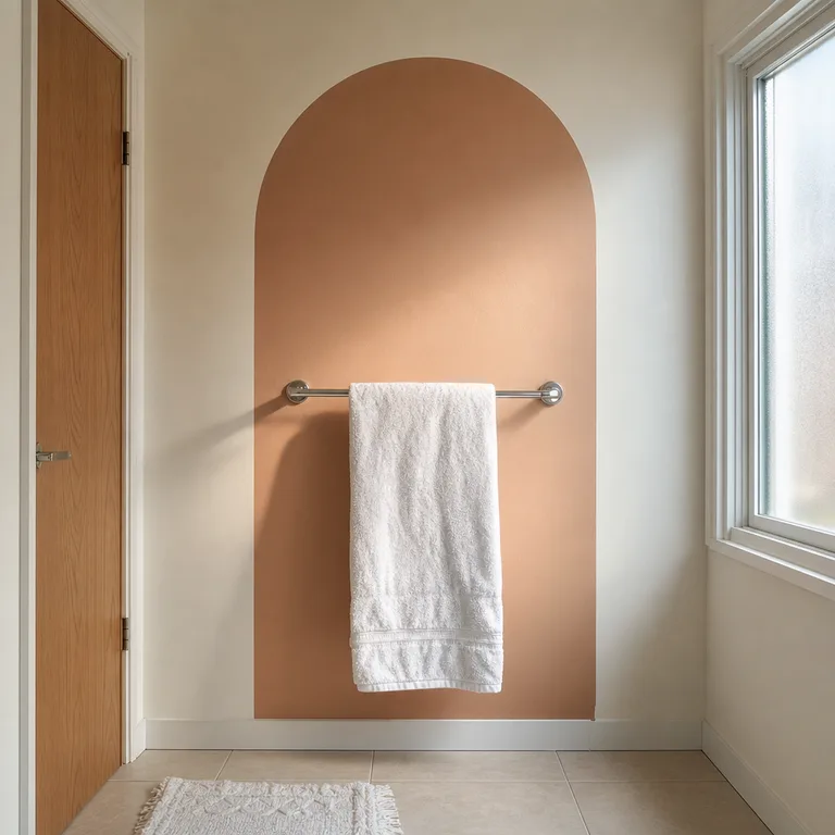 Clay-colored peel-and-stick arch framing a chrome towel rail on a white bathroom wall.