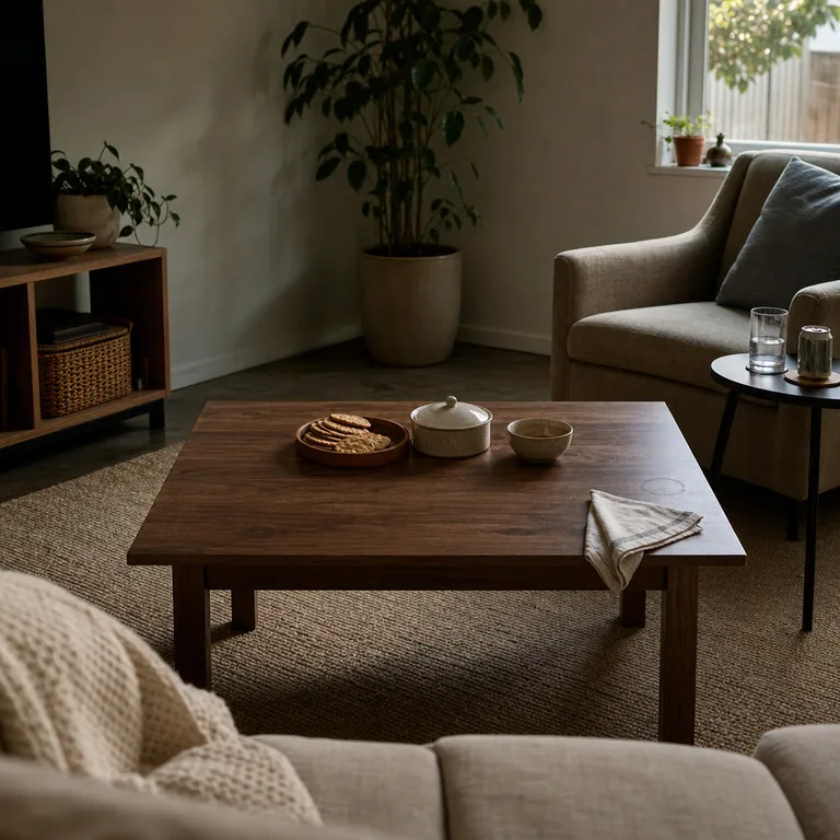 A low coffee table holds contained snacks while a separate side table keeps drinks within reach in a small living room.