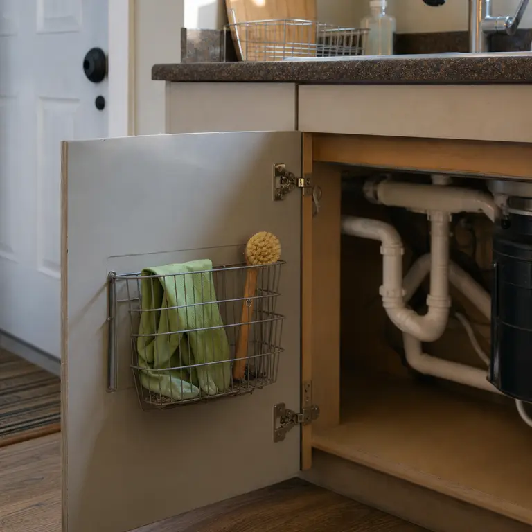 A slim basket on the inside of a sink cabinet door holds gloves and cleaning tools.