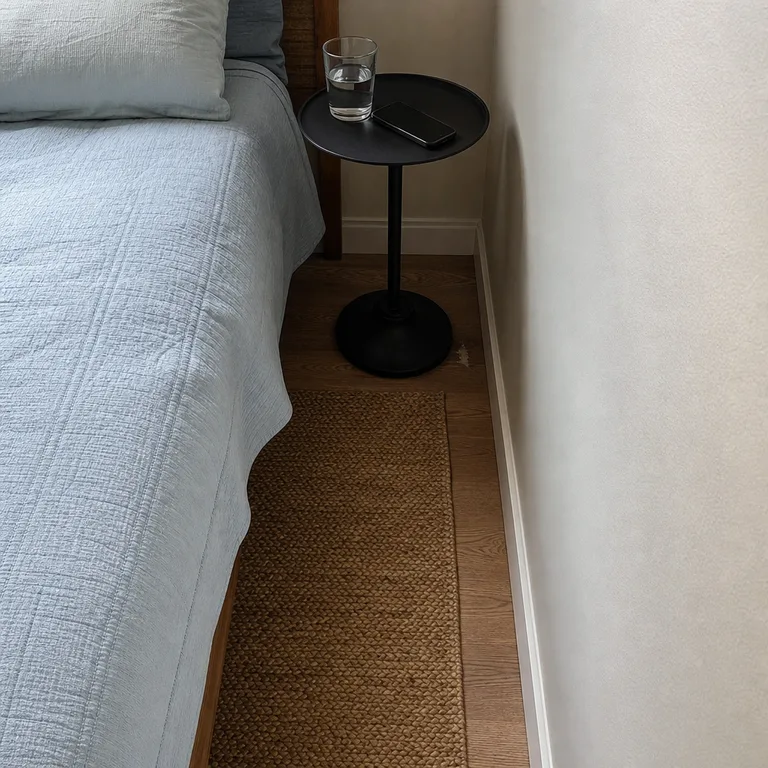 A slim black pedestal table fits in the narrow space between a twin bed and wall.